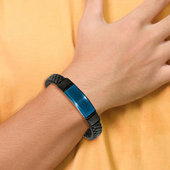 Chisel Stainless Steel Polished Black and Blue IP-plated Braided Black Leather with Silicone 8.25 inch ID Bracelet