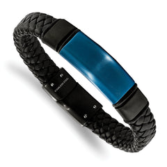 Chisel Stainless Steel Polished Black and Blue IP-plated Braided Black Leather with Silicone 8.25 inch ID Bracelet