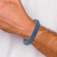 Stainless Steel Brushed Light Blue Leather Braided 8.25in Bracelet