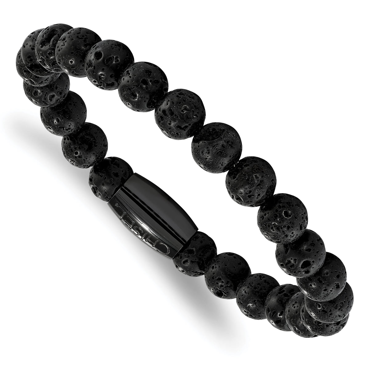 Chisel Stainless Steel Polished Black IP-plated 8mm Lava Rock Beaded Stretch Bracelet