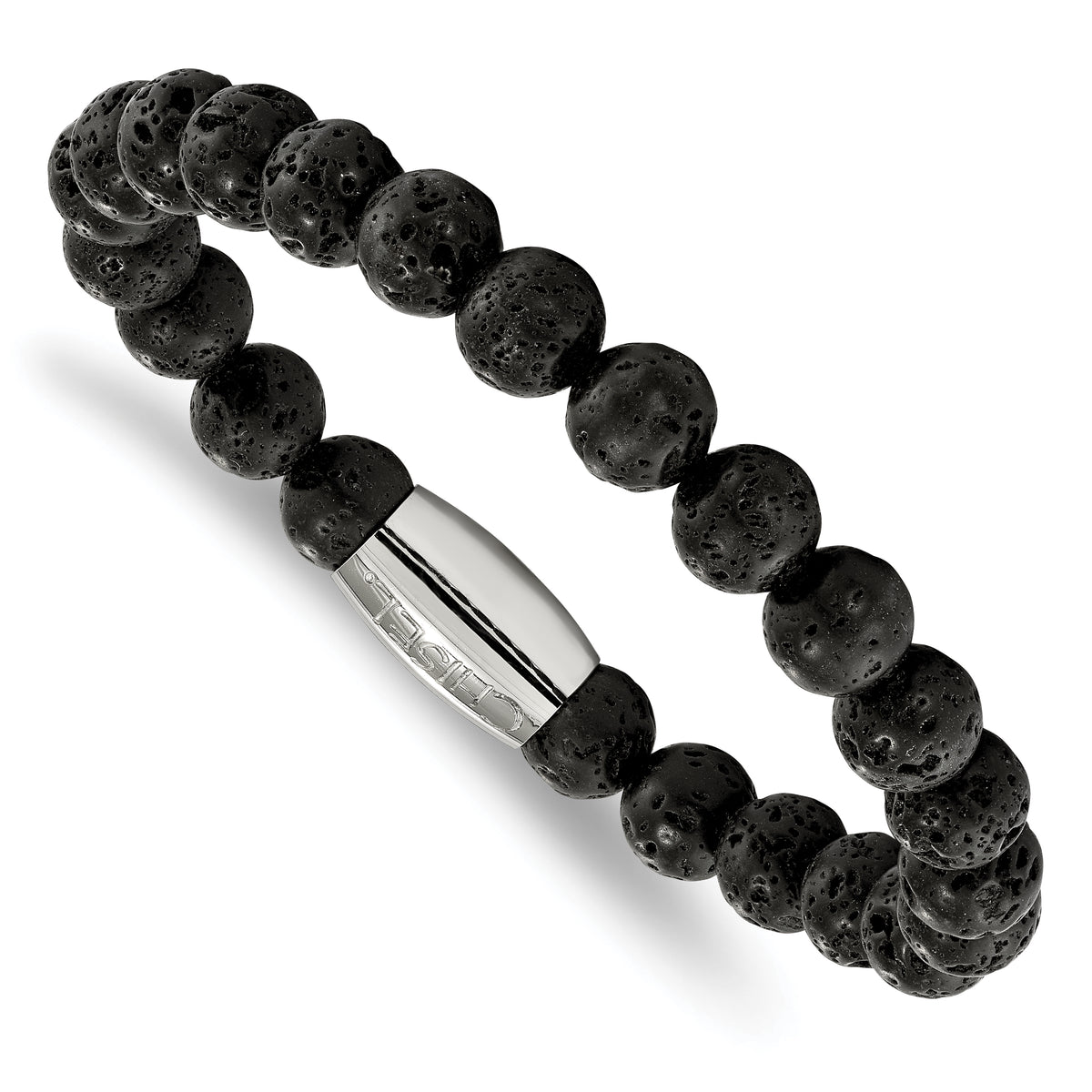 Chisel Stainless Steel Polished 8mm Lava Rock Beaded Stretch Bracelet