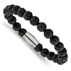 Chisel Stainless Steel Polished 8mm Lava Rock Beaded Stretch Bracelet