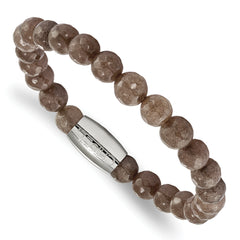 Chisel Stainless Steel Polished 8mm Brown Jade Beaded Stretch Bracelet