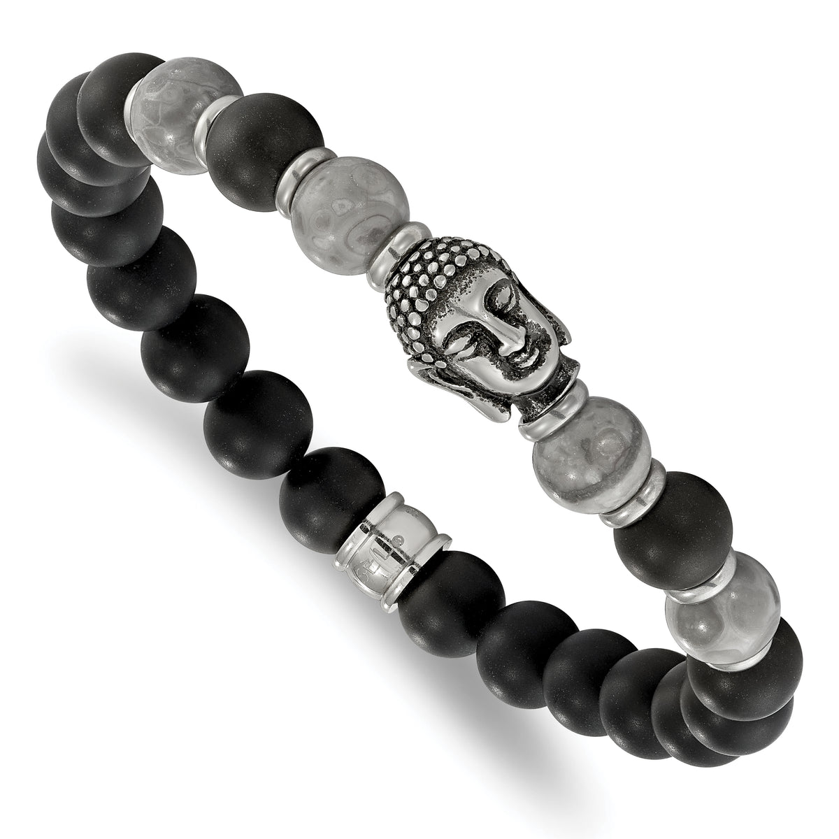 Chisel Stainless Steel Antiqued and Polished Buddha 8mm Black Agate and Grey Jasper Beaded Stretch Bracelet