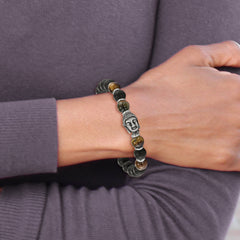 Chisel Stainless Steel Antiqued and Polished Buddha 8mm Black Agate and Tiger's Eye Beaded Stretch Bracelet