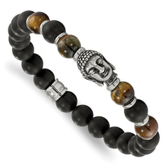 Chisel Stainless Steel Antiqued and Polished Buddha 8mm Black Agate and Tiger's Eye Beaded Stretch Bracelet