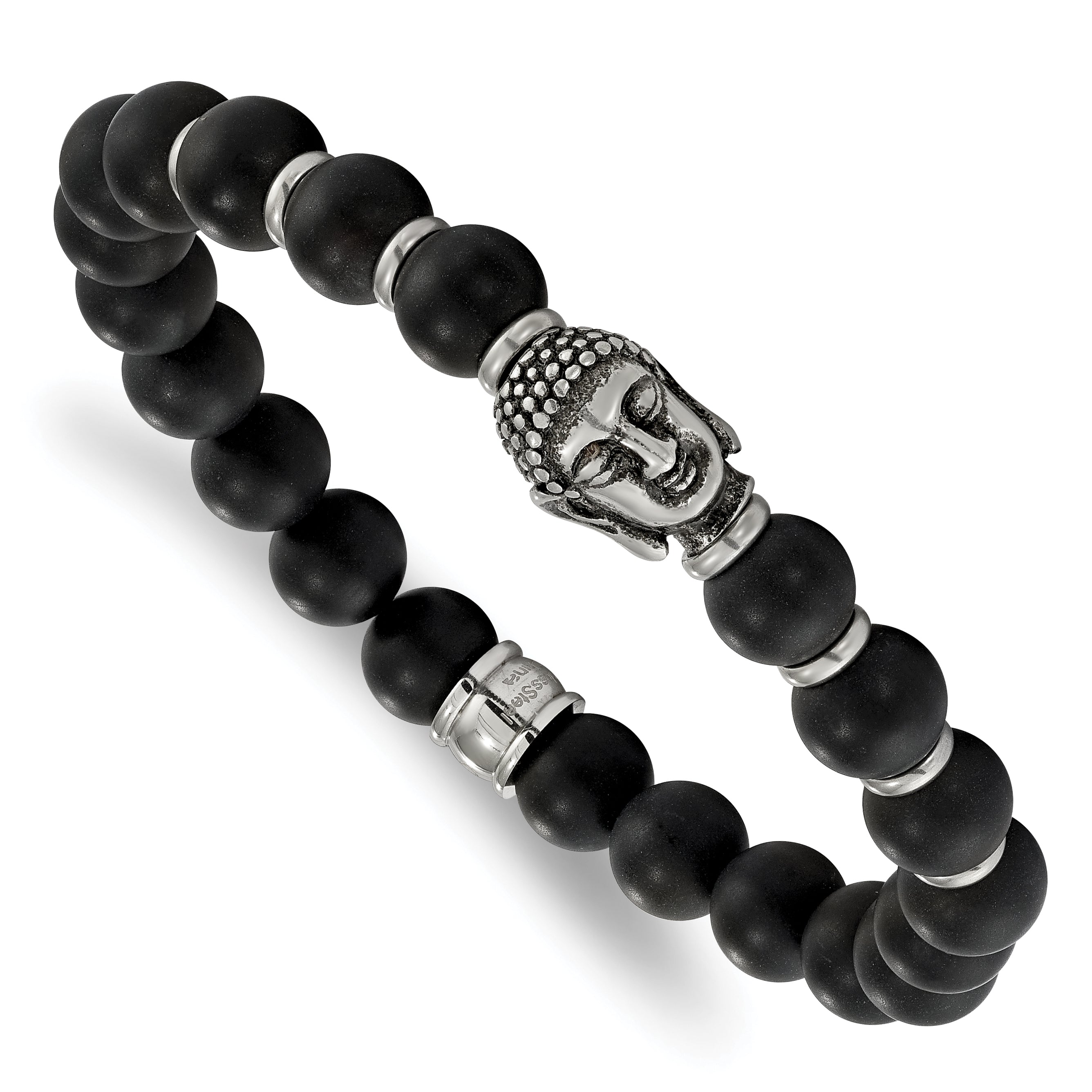 Chisel Stainless Steel Antiqued and Polished Buddha 8mm Black Agate Beaded Stretch Bracelet