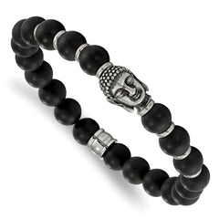 Chisel Stainless Steel Antiqued and Polished Buddha 8mm Black Agate Beaded Stretch Bracelet