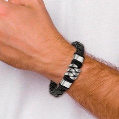 Chisel Stainless Steel Brushed and Polished Black Woven Leather 8 inch Bracelet with .5 inch Extension