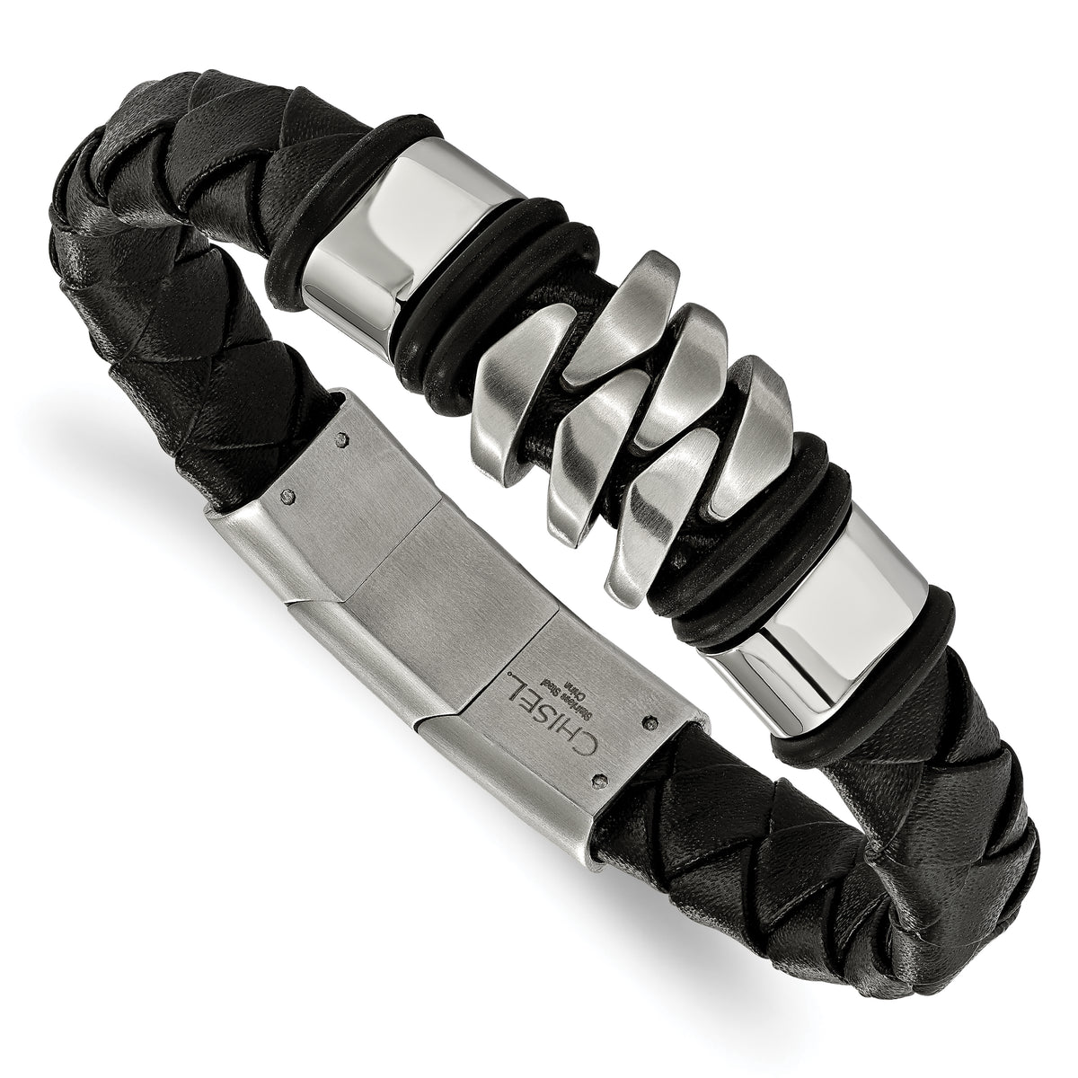 Chisel Stainless Steel Brushed and Polished Black Woven Leather 8 inch Bracelet with .5 inch Extension