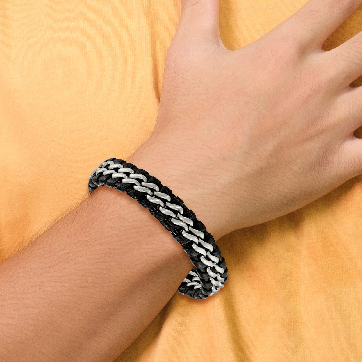 Chisel Stainless Steel Brushed Black Leather 8.5 inch Bracelet