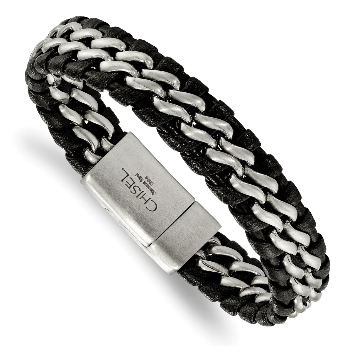 Chisel Stainless Steel Brushed Black Leather 8.5 inch Bracelet