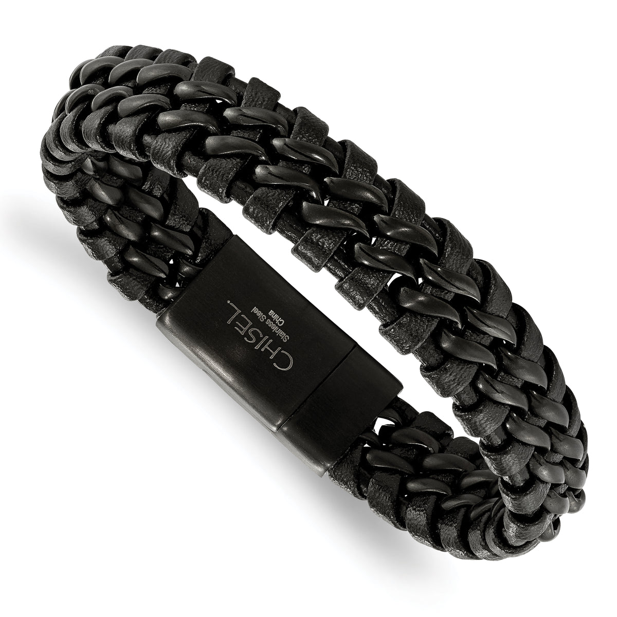 Chisel Stainless Steel Brushed Black IP-plated Black Leather 8.5 inch Bracelet