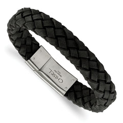 Chisel Stainless Steel Brushed Black Braided Leather 8.25 inch Bracelet