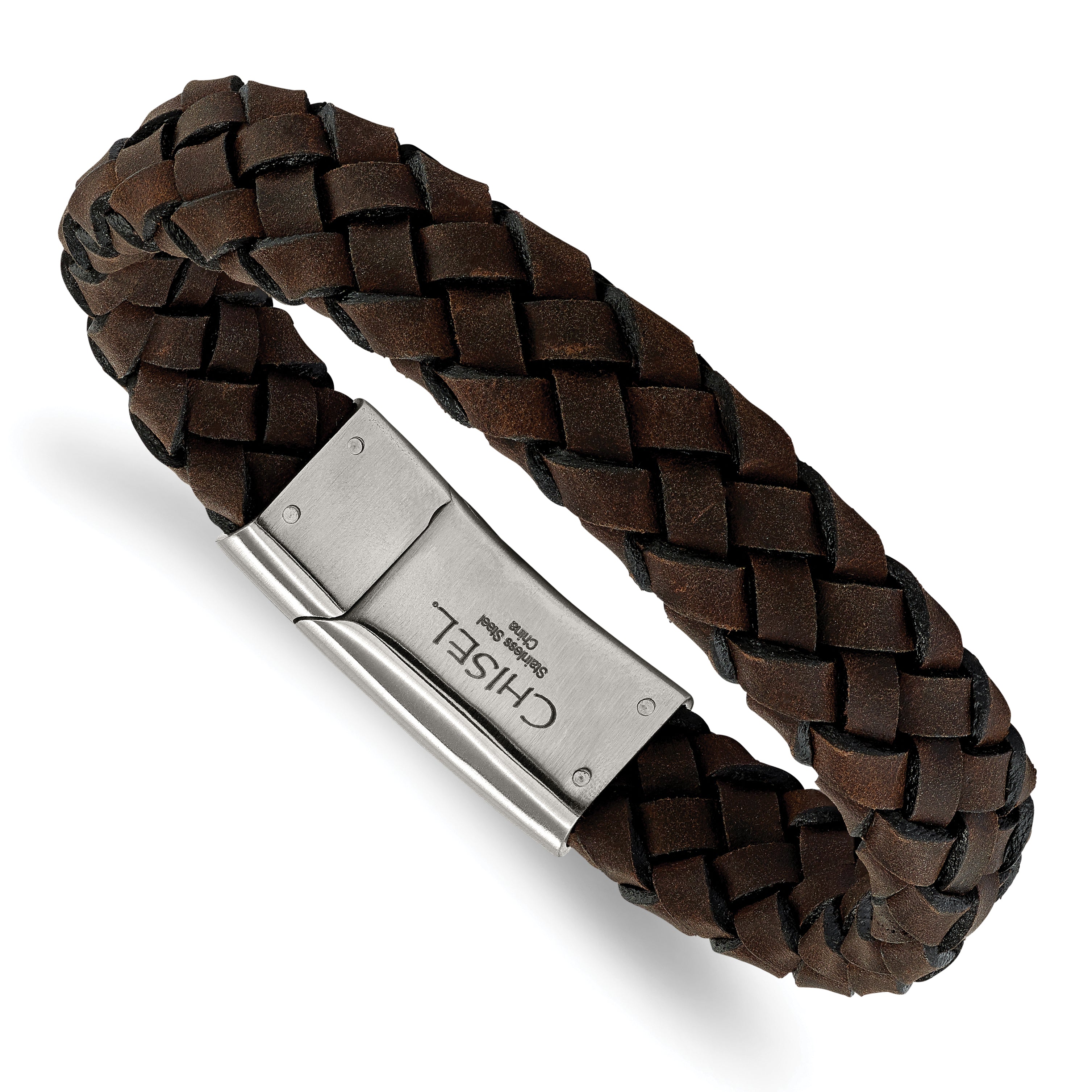 Chisel Stainless Steel Brushed Brown Braided Leather 8.25 inch Bracelet