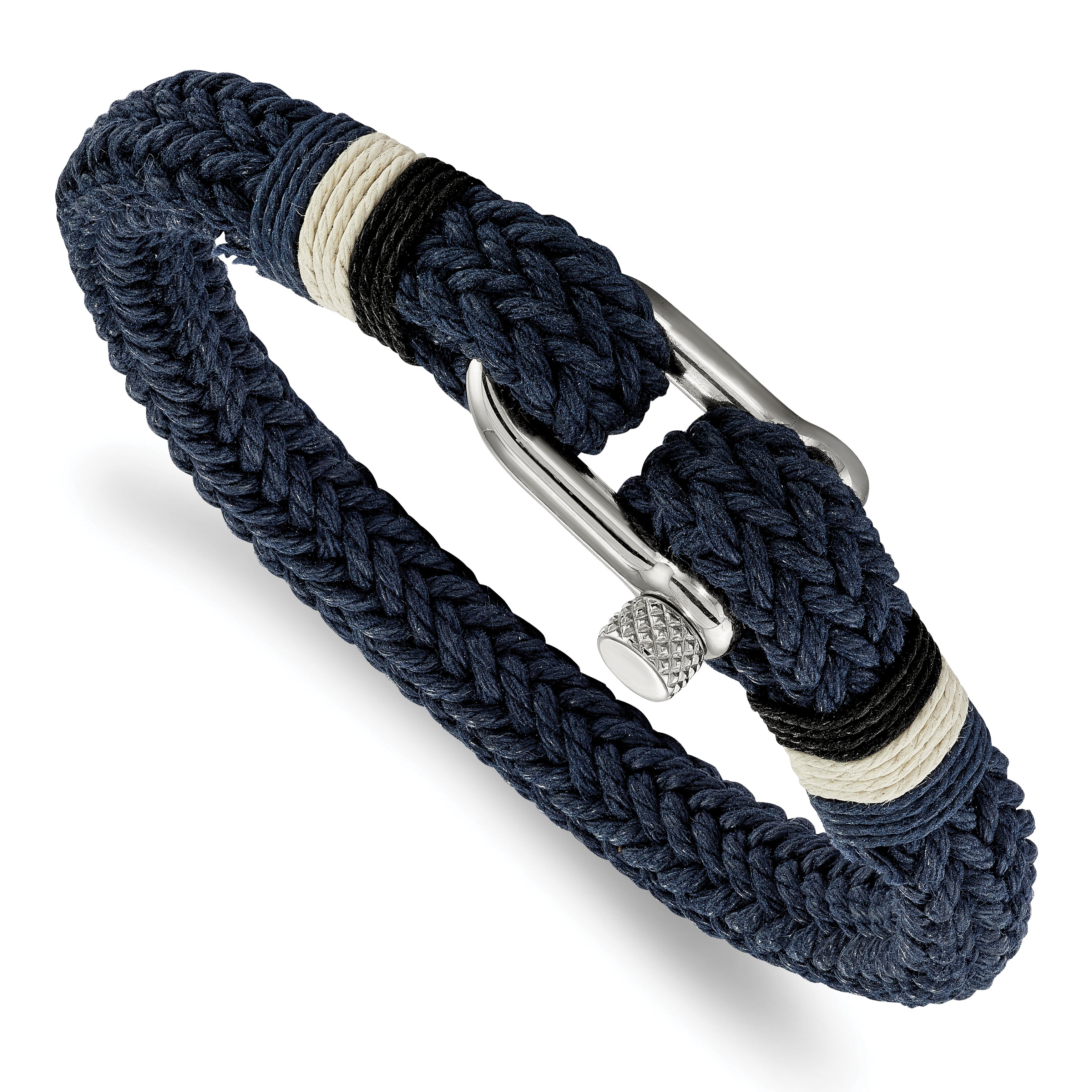 Chisel Stainless Steel Polished Woven Navy Blue Cotton 8.5 inch Bracelet