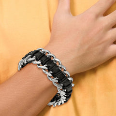 Chisel Stainless Steel Brushed and Polished Black Leather 9 inch Bracelet