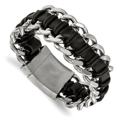 Chisel Stainless Steel Brushed and Polished Black Leather 9 inch Bracelet