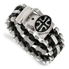 Chisel Stainless Steel Antiqued and Brushed Cross Buckle with Black Leather Adjustable Bracelet