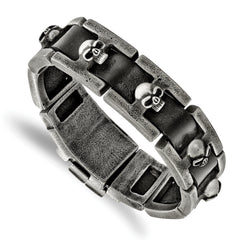 Chisel Stainless Steel Antiqued and Brushed Skulls Black Leather 9 inch Link Bracelet