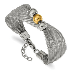 Stainless Steel Polished Yellow IP-plated Bead Mesh 7in w/1in ext. Bracelet