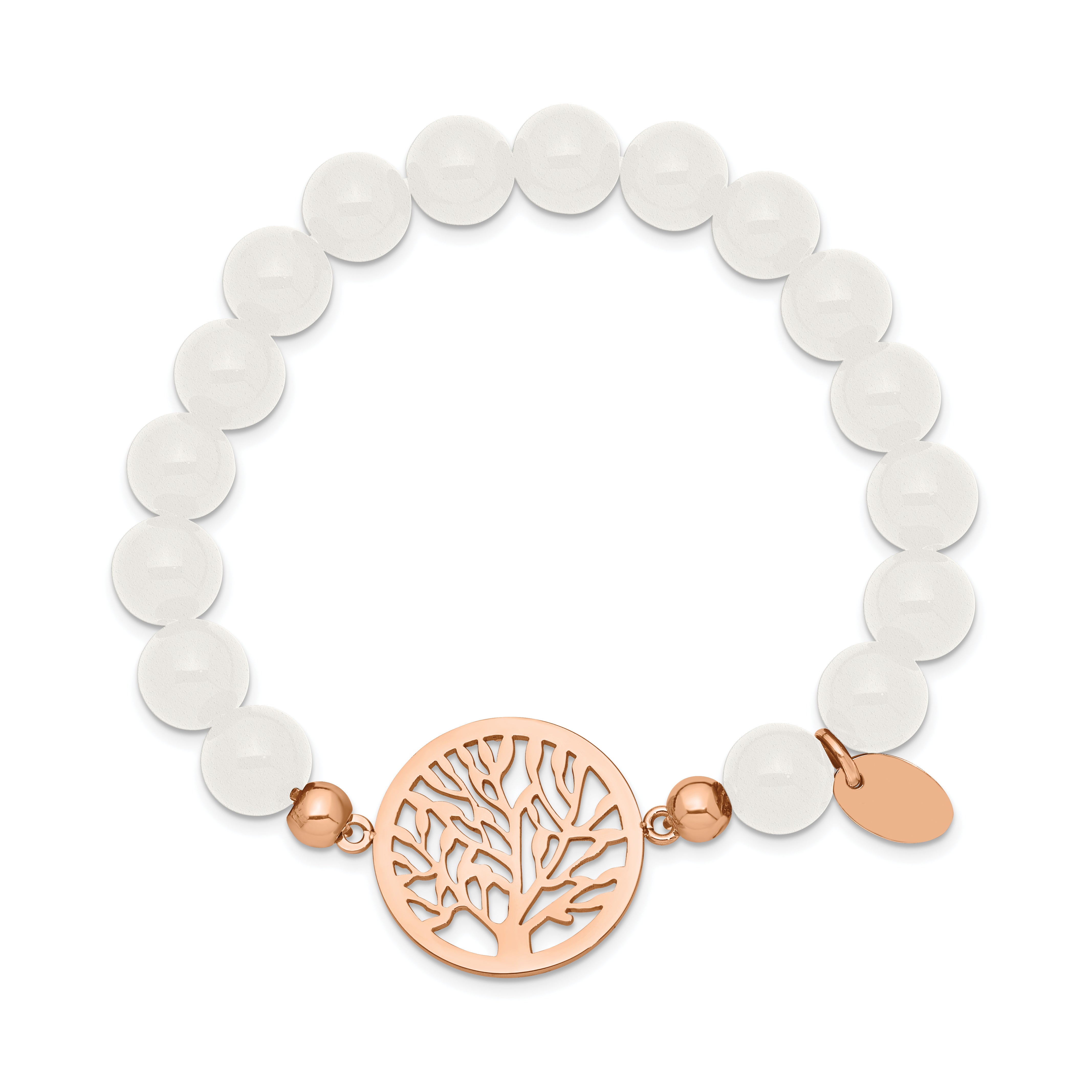 Chisel Stainless Steel Polished Rose IP-plated Tree of Life 8mm White Jade Beaded Stretch Bracelet