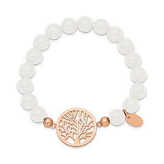 Chisel Stainless Steel Polished Rose IP-plated Tree of Life 8mm White Jade Beaded Stretch Bracelet