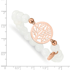 Chisel Stainless Steel Polished Rose IP-plated Tree of Life 8mm White Jade Beaded Stretch Bracelet