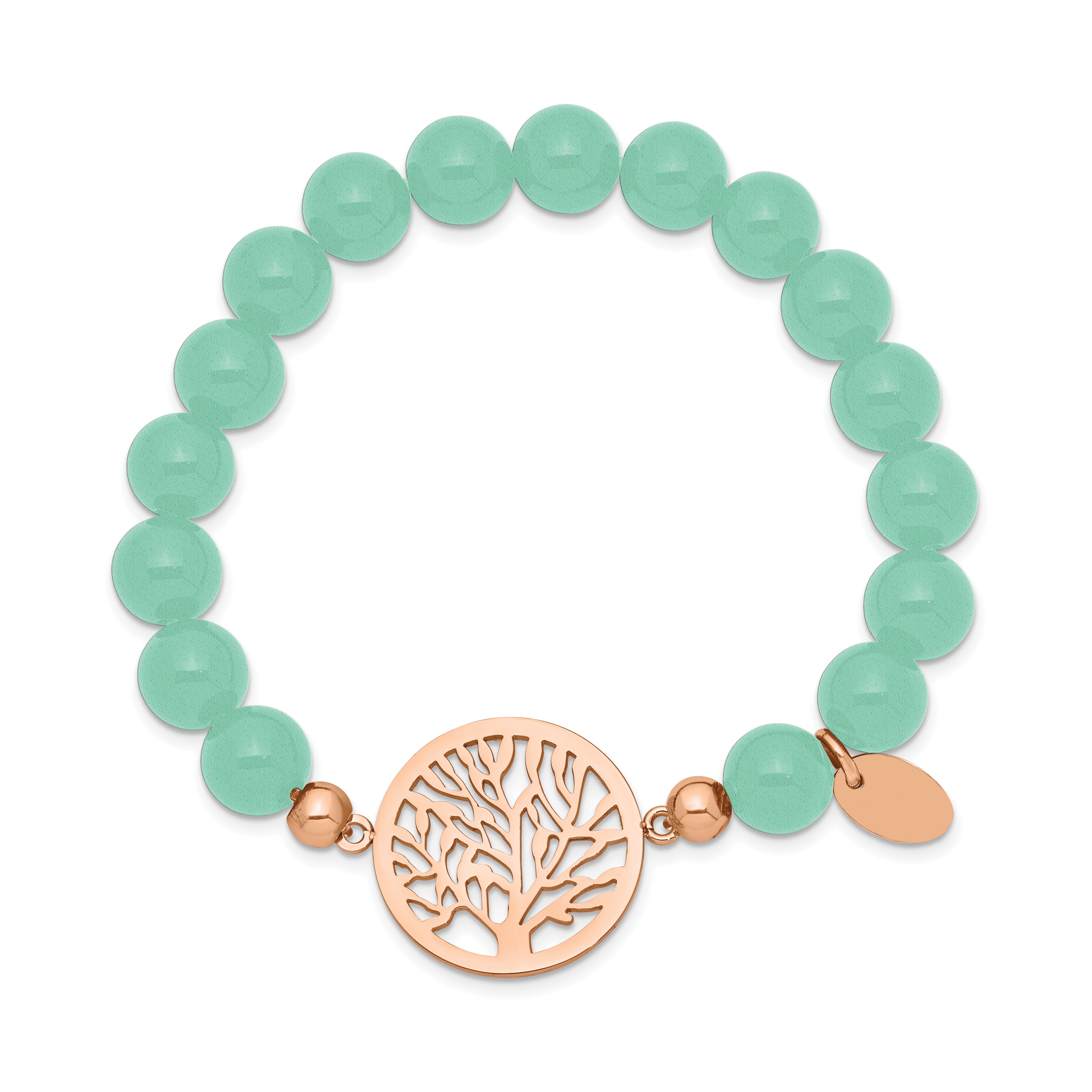 Chisel Stainless Steel Polished Rose IP-plated Tree of Life 8mm Green Dyed Jade Beaded Stretch Bracelet