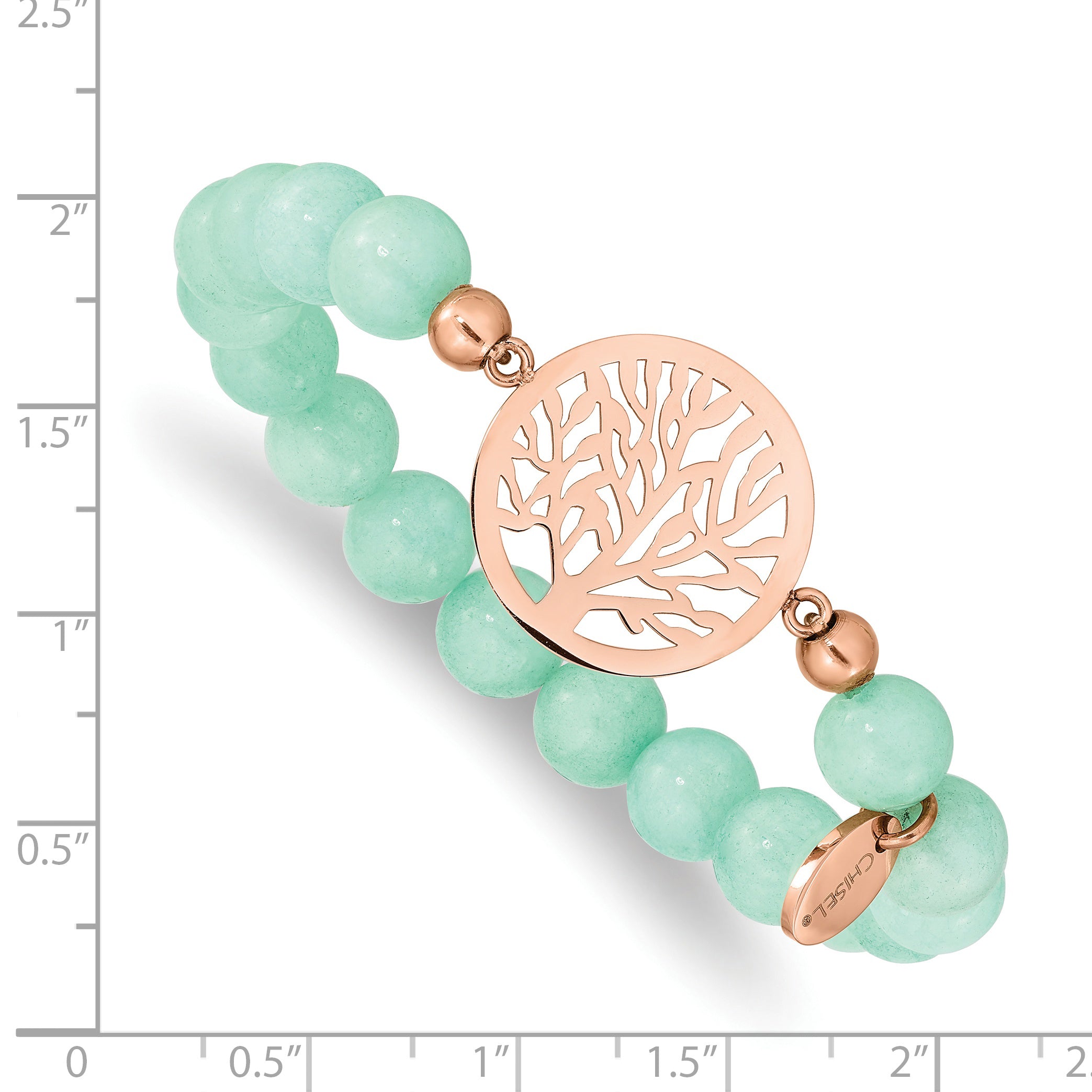 Chisel Stainless Steel Polished Rose IP-plated Tree of Life 8mm Green Dyed Jade Beaded Stretch Bracelet