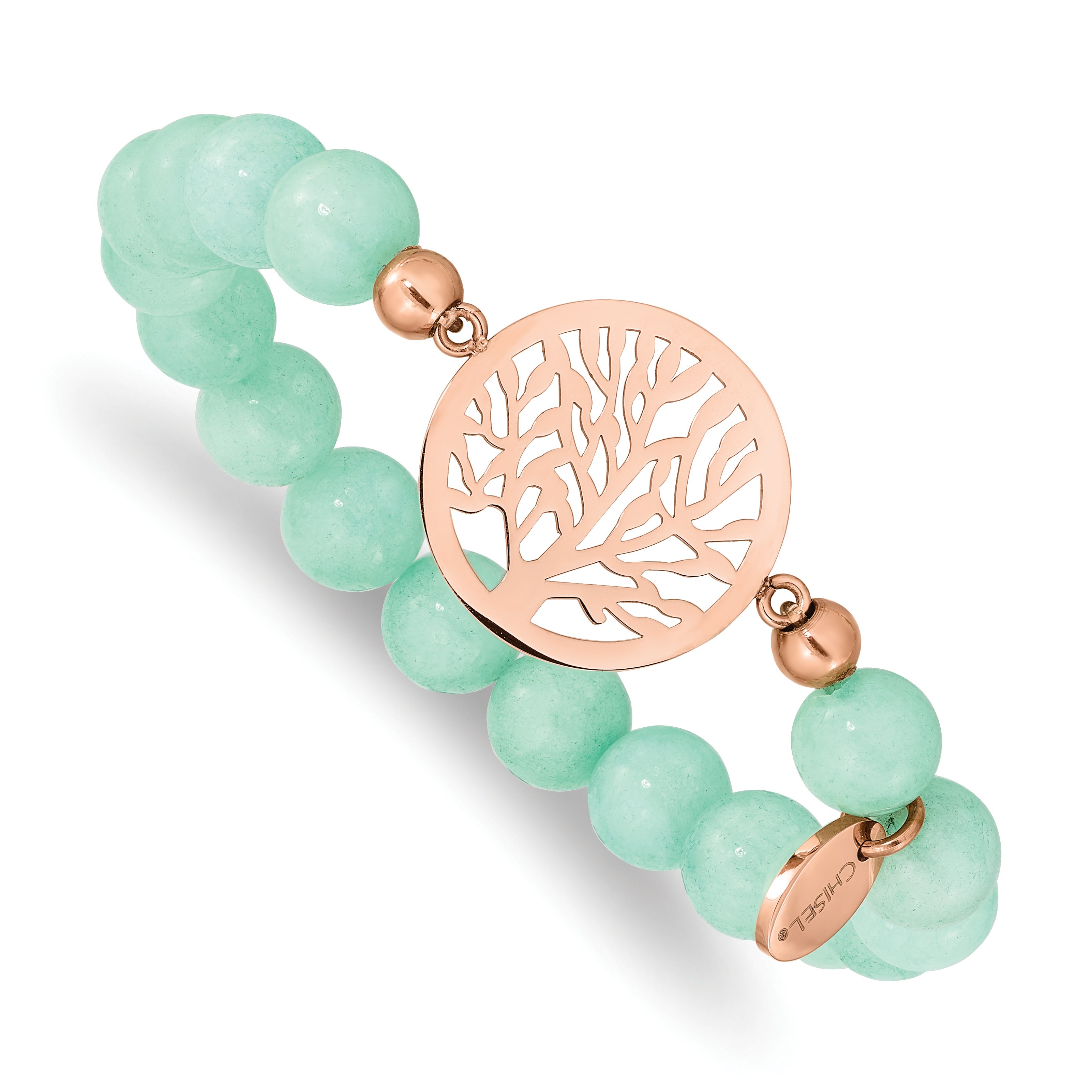 Chisel Stainless Steel Polished Rose IP-plated Tree of Life 8mm Green Dyed Jade Beaded Stretch Bracelet