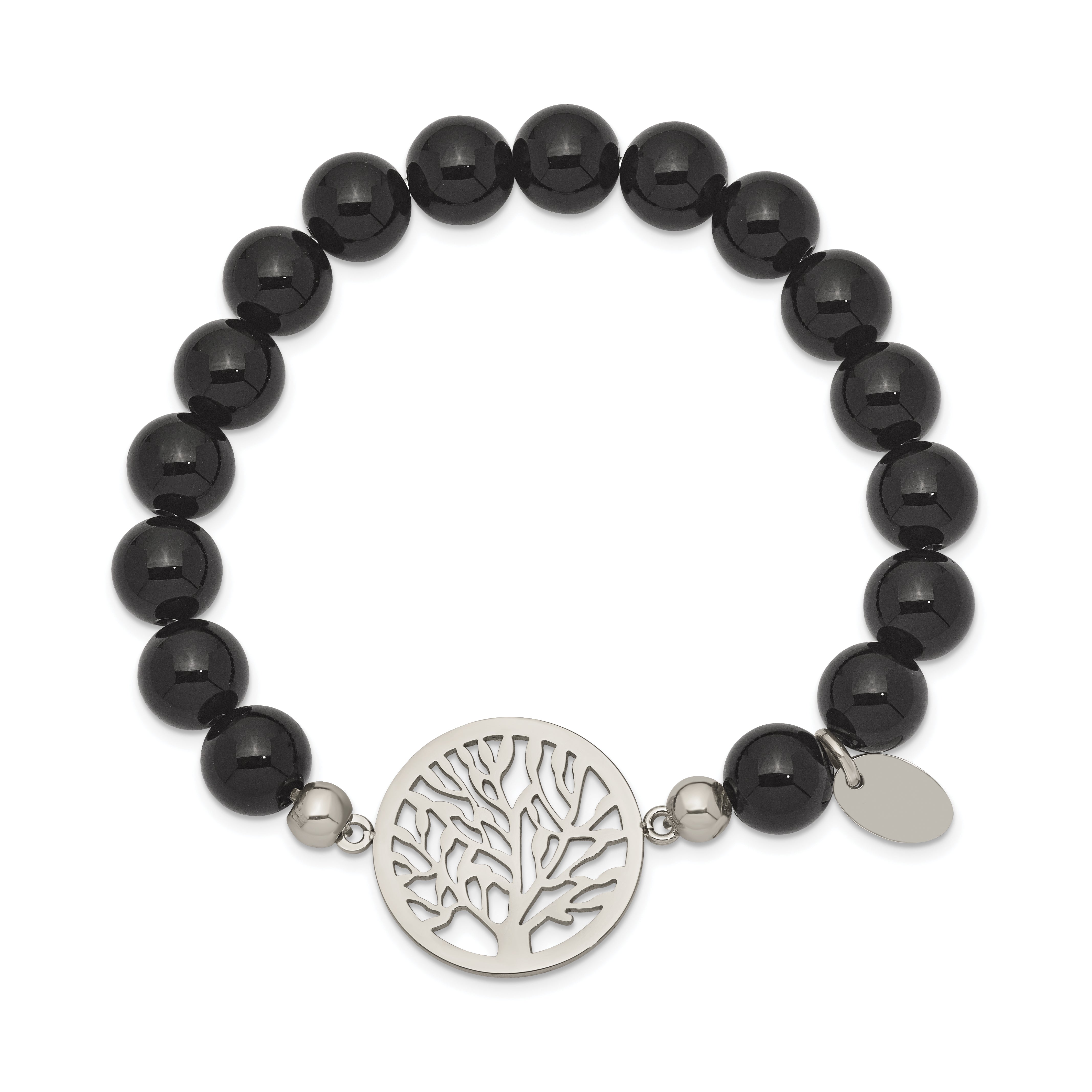 Chisel Stainless Steel Polished Tree of Life 8mm Black Agate Beaded Stretch Bracelet