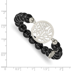 Chisel Stainless Steel Polished Tree of Life 8mm Black Agate Beaded Stretch Bracelet