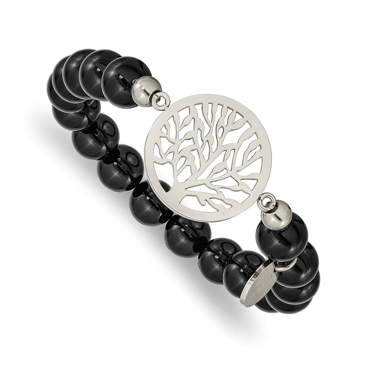 Chisel Stainless Steel Polished Tree of Life 8mm Black Agate Beaded Stretch Bracelet