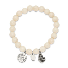 Chisel Stainless Steel Antiqued and Polished Butterfly and Tree of Life 8mm White Jade Beaded Stretch Bracelet