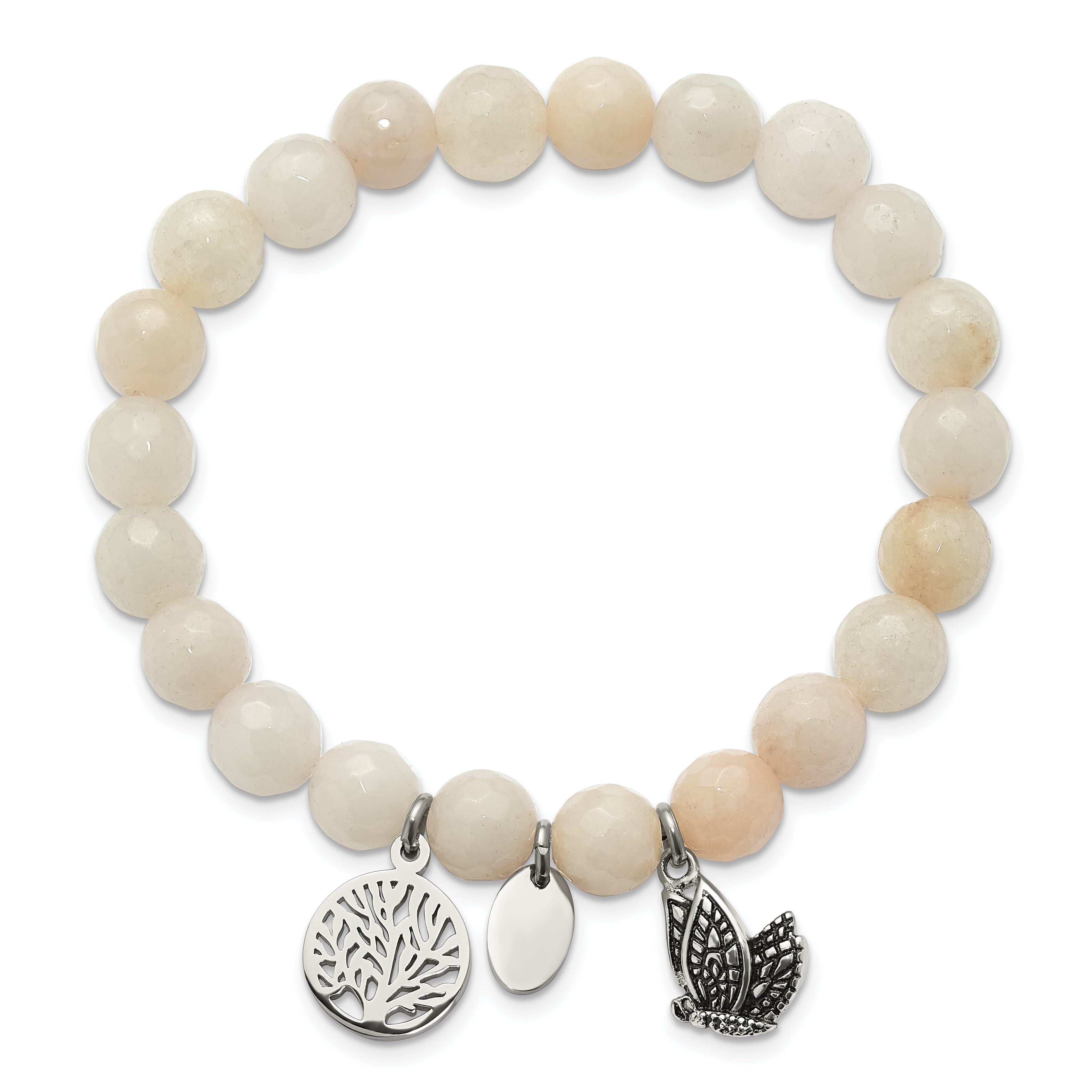 Chisel Stainless Steel Antiqued and Polished Butterfly and Tree of Life 8mm White Jade Beaded Stretch Bracelet