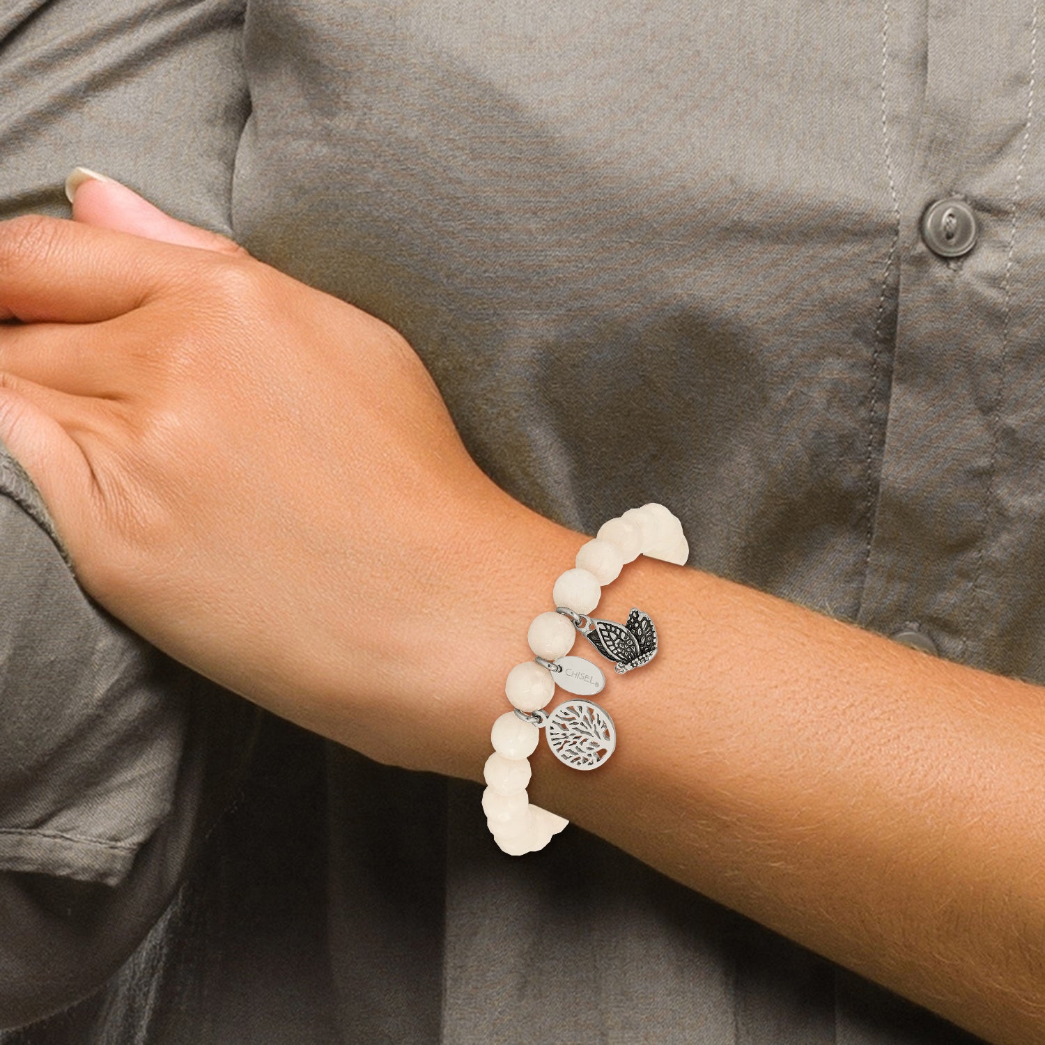 Chisel Stainless Steel Antiqued and Polished Butterfly and Tree of Life 8mm White Jade Beaded Stretch Bracelet