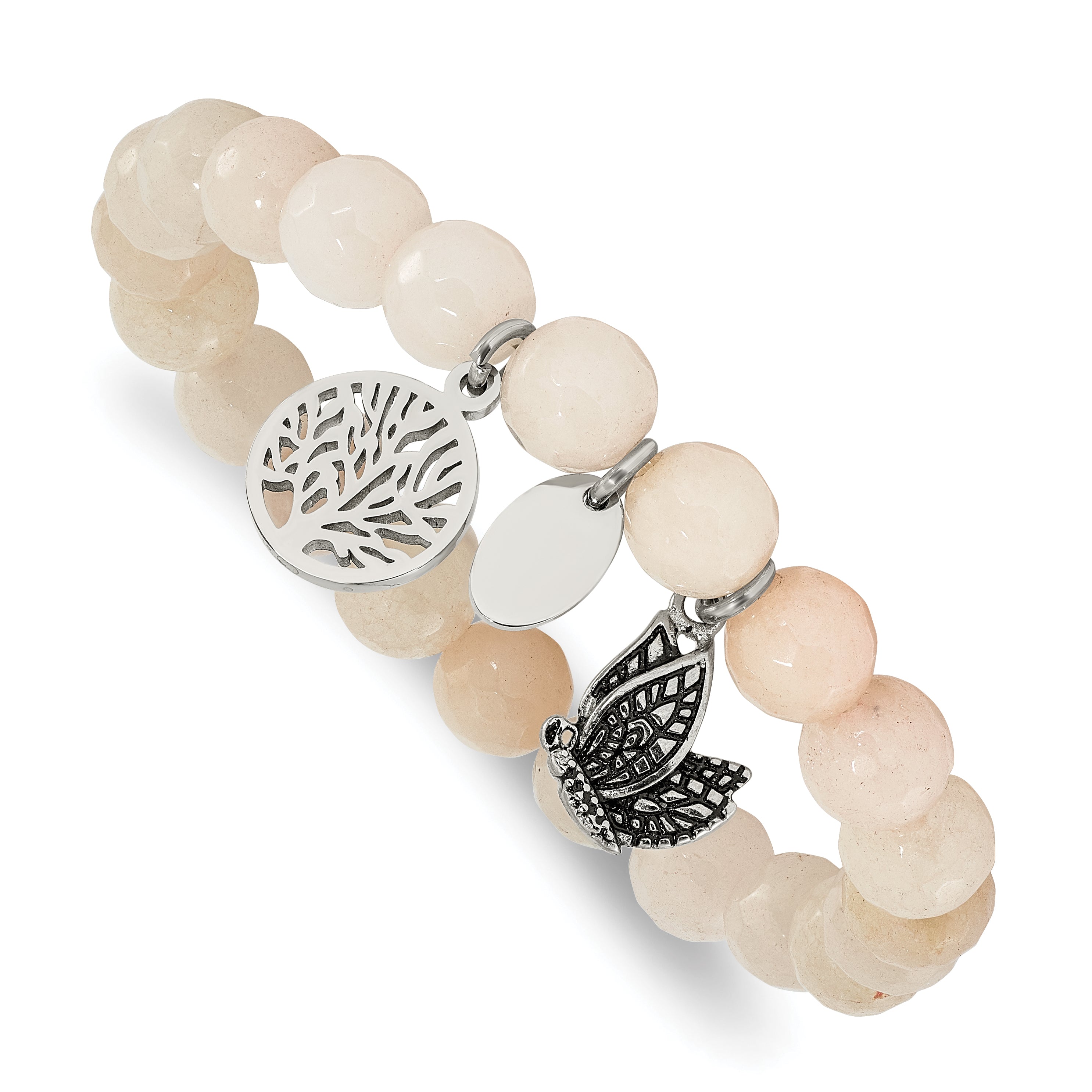 Chisel Stainless Steel Antiqued and Polished Butterfly and Tree of Life 8mm White Jade Beaded Stretch Bracelet