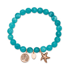 Chisel Stainless Steel Antiqued and Polished Rose IP-plated Starfish and Tree of Life 8mm Aqua Dyed Jade Beaded Stretch Bracelet