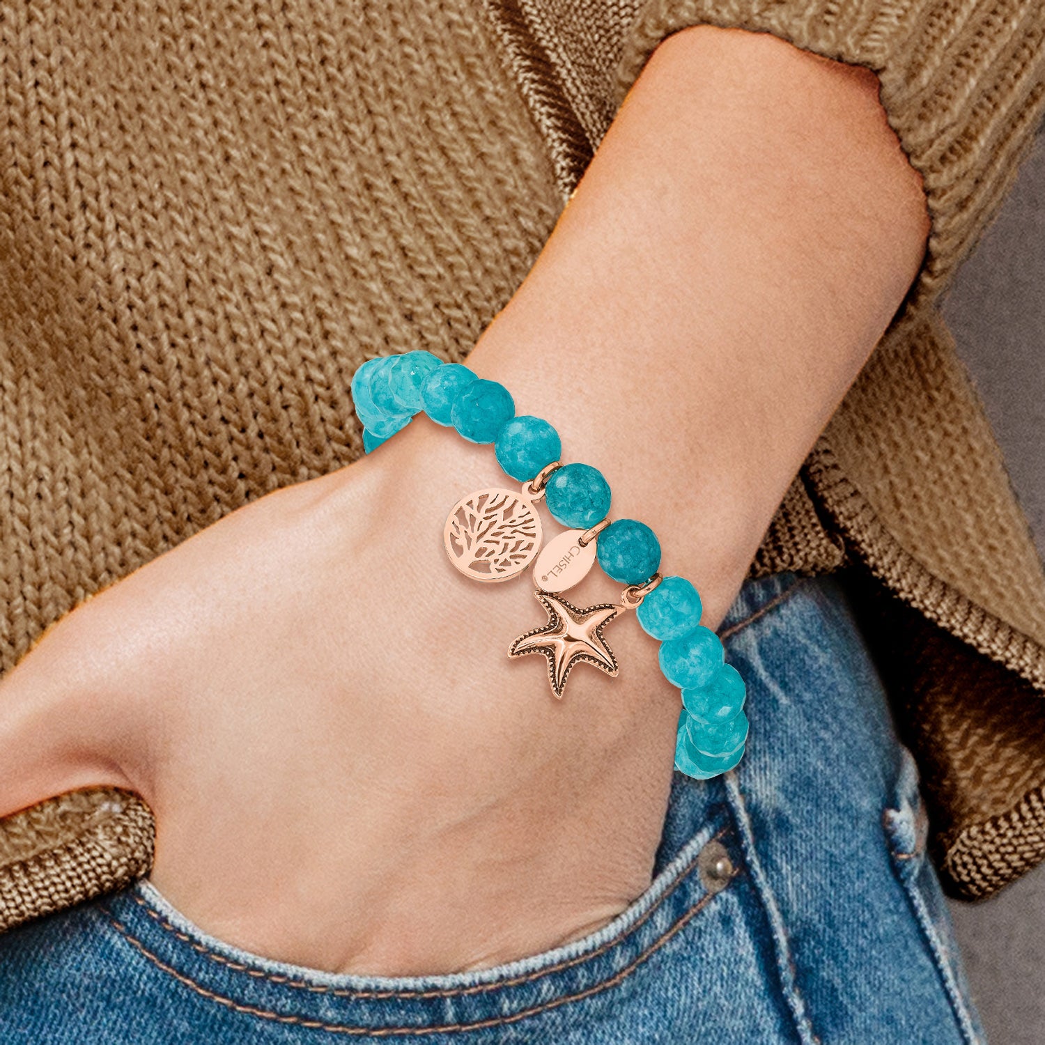 Chisel Stainless Steel Antiqued and Polished Rose IP-plated Starfish and Tree of Life 8mm Aqua Dyed Jade Beaded Stretch Bracelet