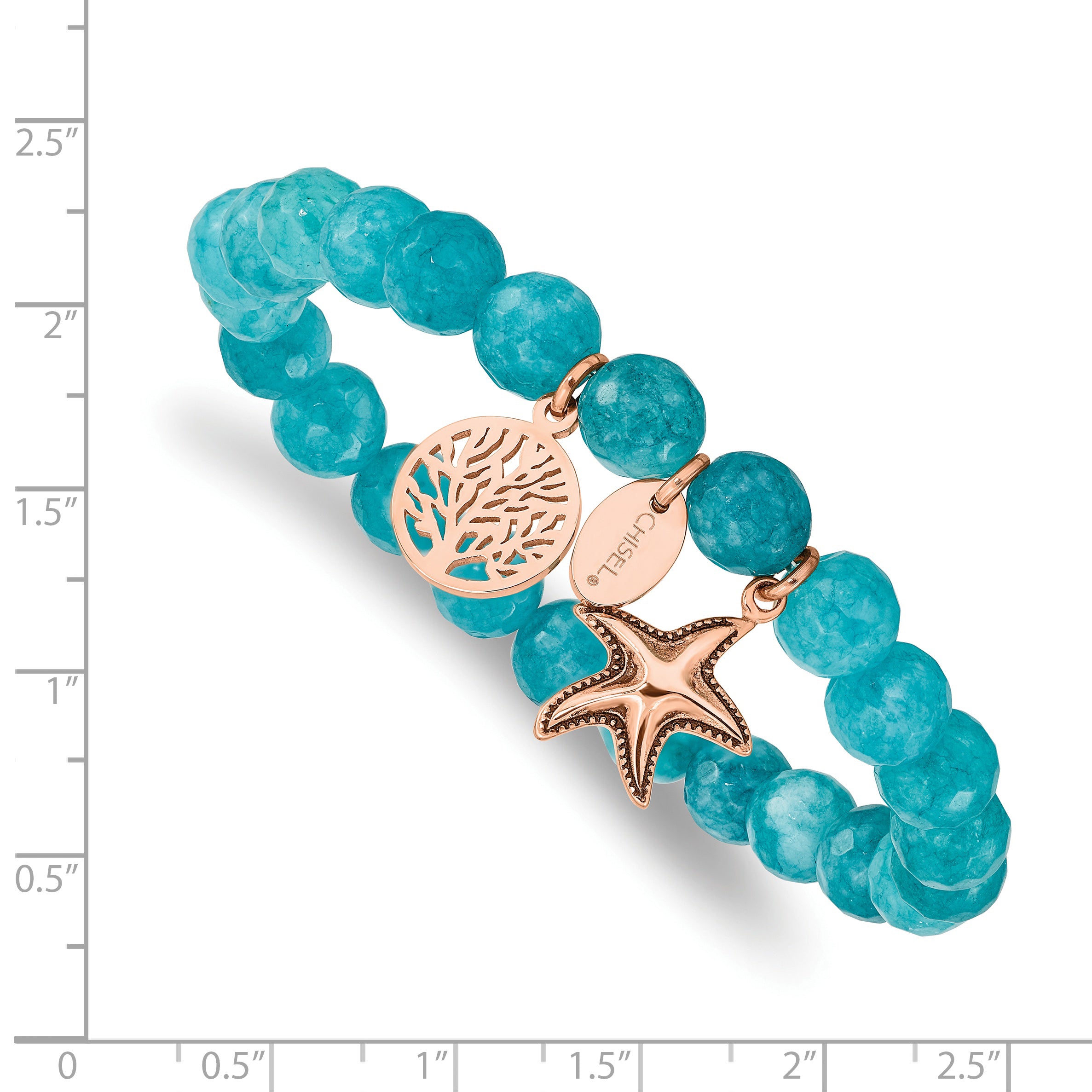 Chisel Stainless Steel Antiqued and Polished Rose IP-plated Starfish and Tree of Life 8mm Aqua Dyed Jade Beaded Stretch Bracelet