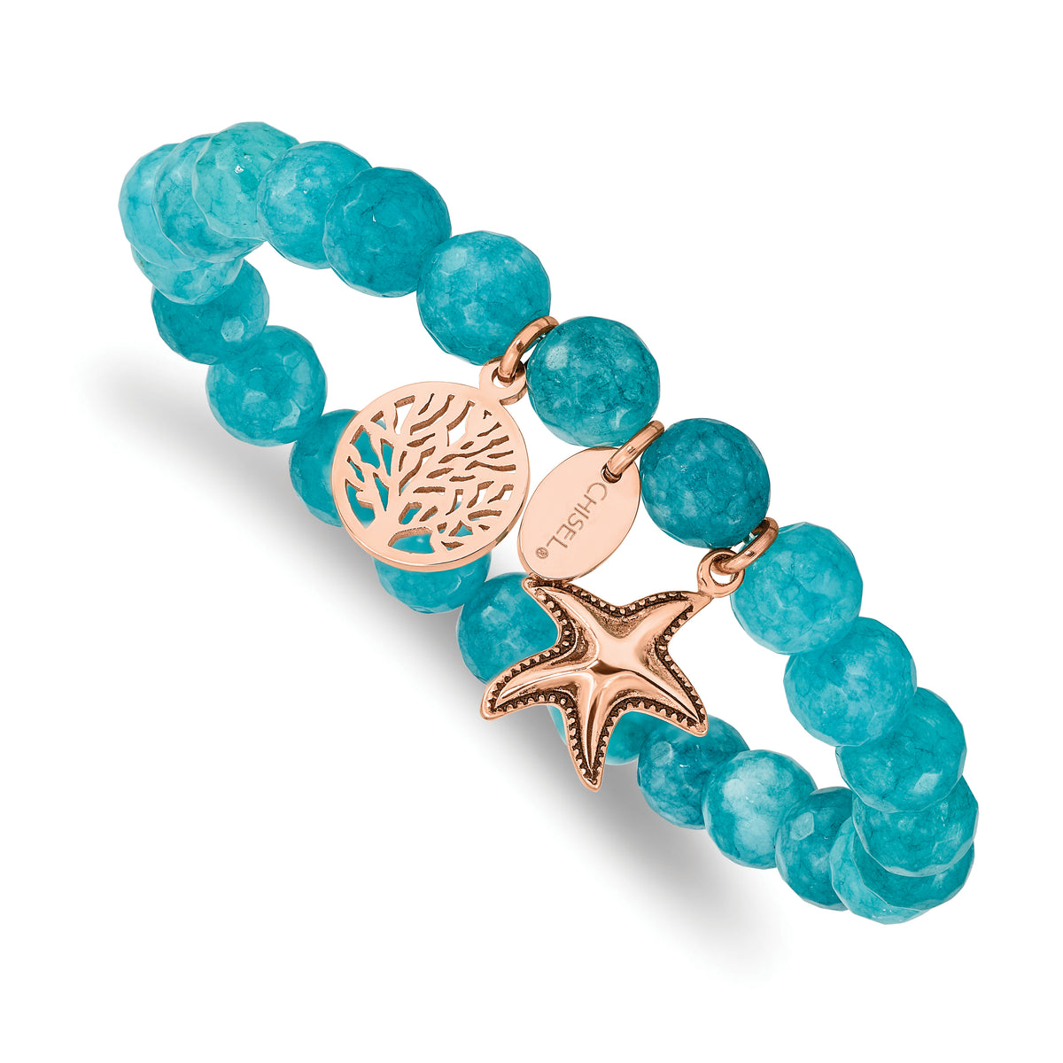 Chisel Stainless Steel Antiqued and Polished Rose IP-plated Starfish and Tree of Life 8mm Aqua Dyed Jade Beaded Stretch Bracelet