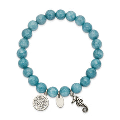 Chisel Stainless Steel Antiqued and Polished Seahorse and Tree of Life 8mm Blue Dyed Jade Beaded Stretch Bracelet