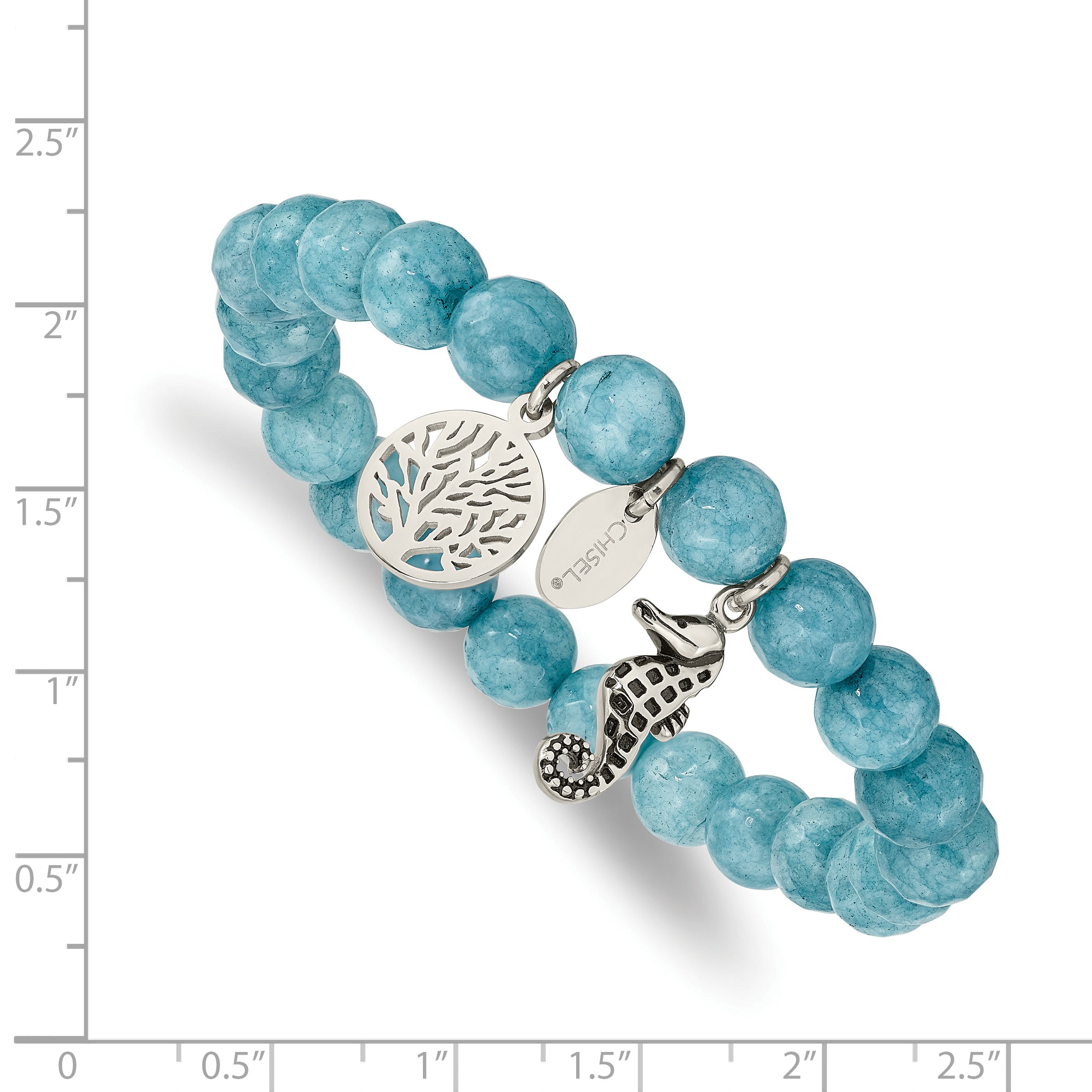 Chisel Stainless Steel Antiqued and Polished Seahorse and Tree of Life 8mm Blue Dyed Jade Beaded Stretch Bracelet