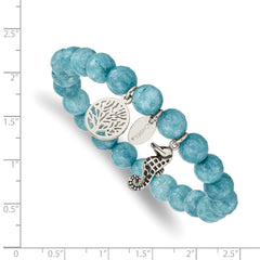 Chisel Stainless Steel Antiqued and Polished Seahorse and Tree of Life 8mm Blue Dyed Jade Beaded Stretch Bracelet