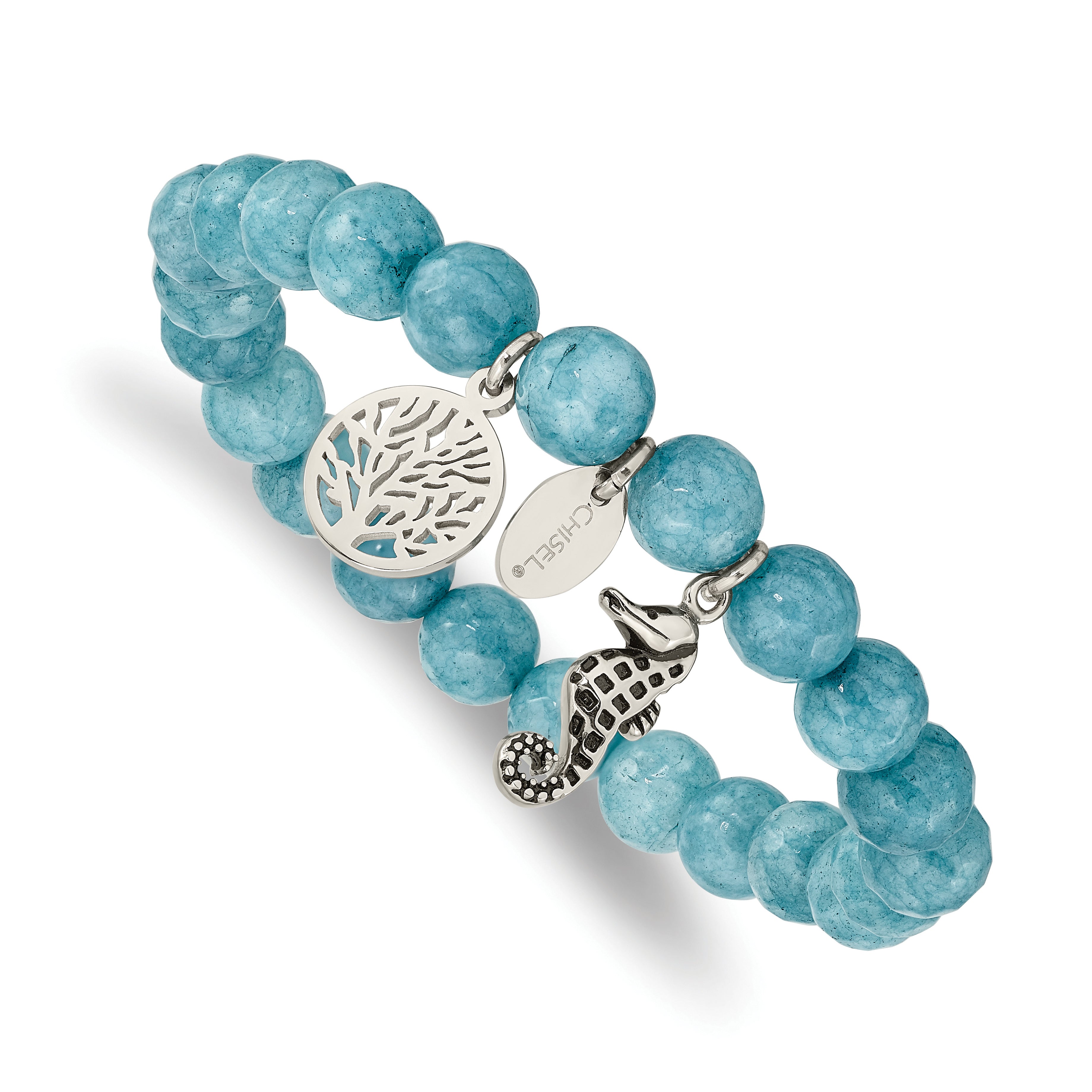 Chisel Stainless Steel Antiqued and Polished Seahorse and Tree of Life 8mm Blue Dyed Jade Beaded Stretch Bracelet