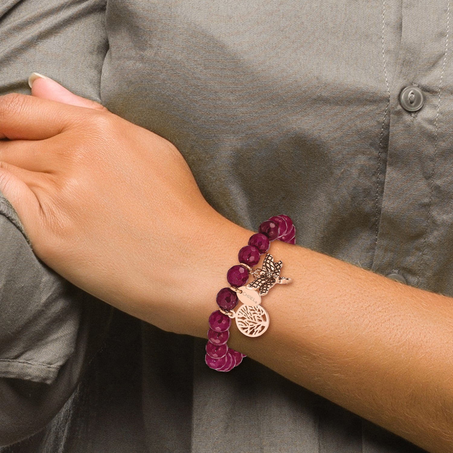 Chisel Stainless Steel Antiqued and Polished Rose IP-plated Dragonfly and Tree of Life 8mm Pink Dyed Jade Beaded Stretch Bracelet