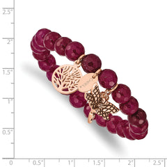 Chisel Stainless Steel Antiqued and Polished Rose IP-plated Dragonfly and Tree of Life 8mm Pink Dyed Jade Beaded Stretch Bracelet