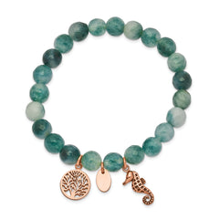 Chisel Stainless Steel Antiqued and Polished Rose IP-plated Seahorse and Tree of Life 8mm Green Dyed Jade Beaded Stretch Bracelet