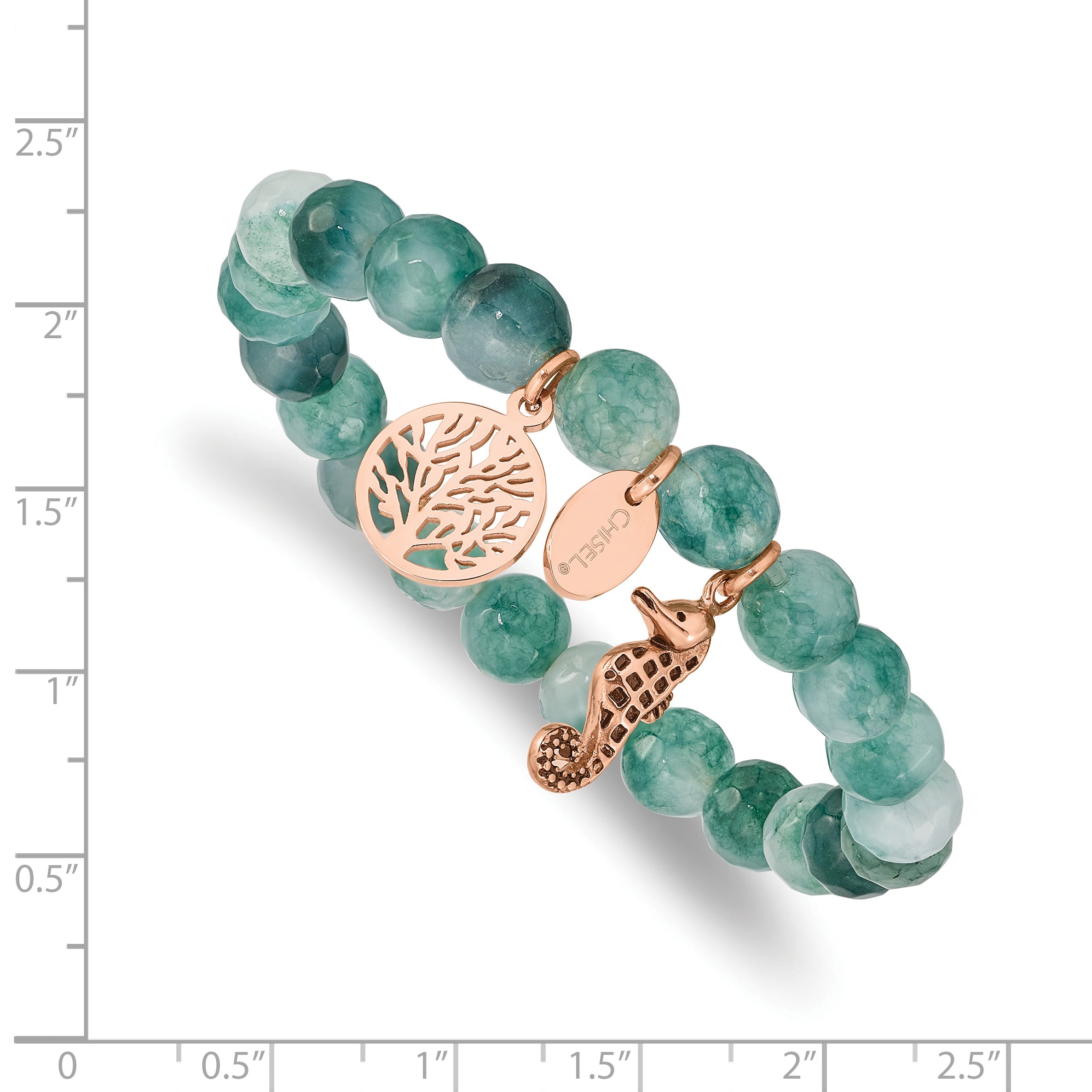 Chisel Stainless Steel Antiqued and Polished Rose IP-plated Seahorse and Tree of Life 8mm Green Dyed Jade Beaded Stretch Bracelet